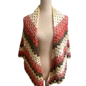 Hand Crocheted Granny Stitch Triangle Shawl Wrap Coral Pink Cream Acrylic 78”